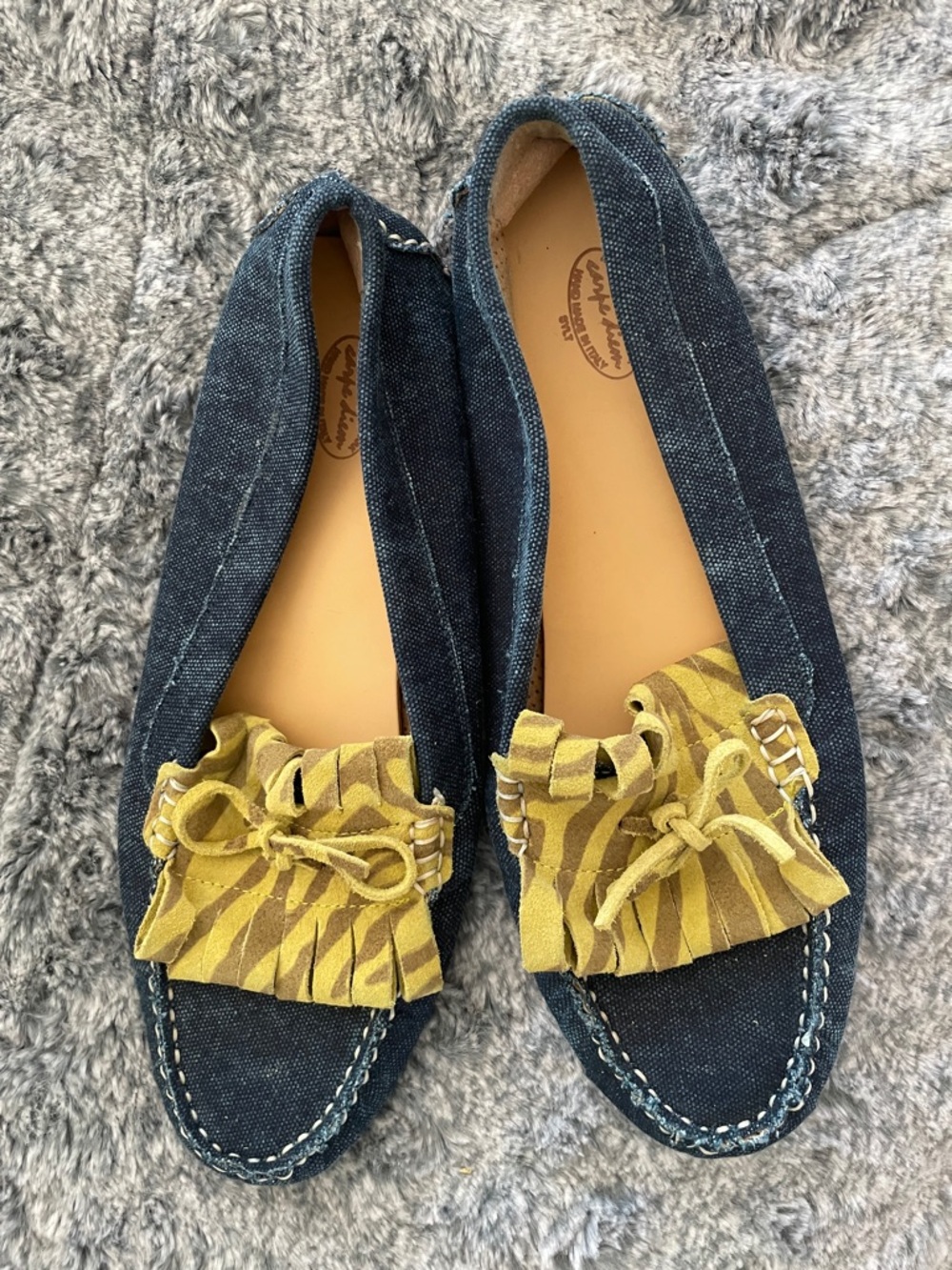 Carpe Diem Denim Flats with Yellow Suede Zebra Print Fringe Accent